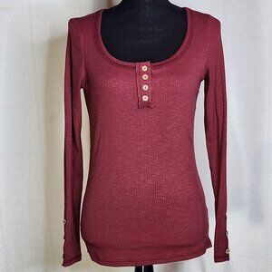 Kissfix Maroon Waffle Knit LS Henley Button Sleeve Detail Poly Rayon Top Size S
